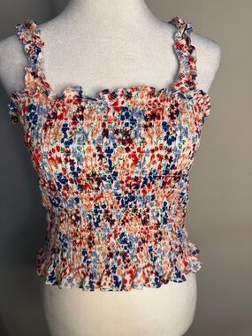 Old Navy White Floral Smocked Cami with Red, Blue & Green Print